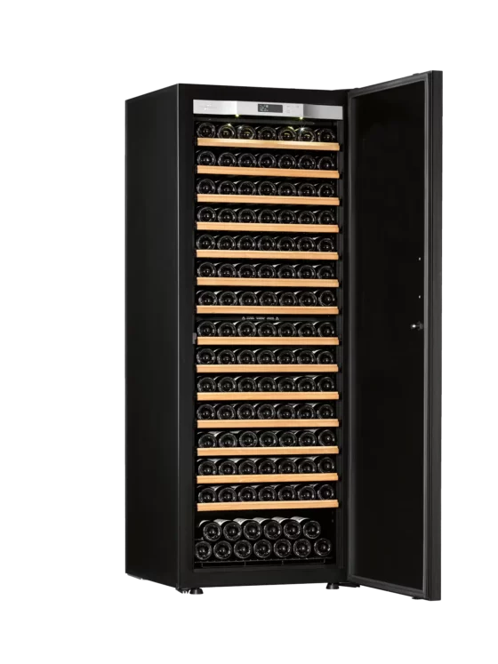 Design wine fridge big capacity free-standing black with black glass door