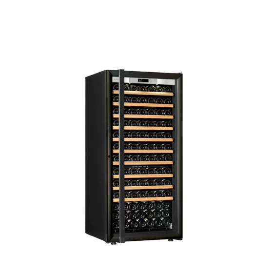 Wine fridge medium capacity black with glass door and handle and integrated light