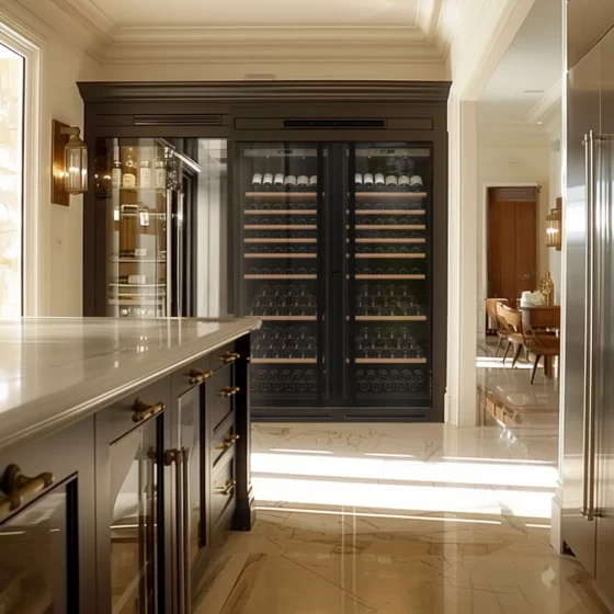 Design wine cellar big capacity black built in a kitchen with double glass door in a design kitchen