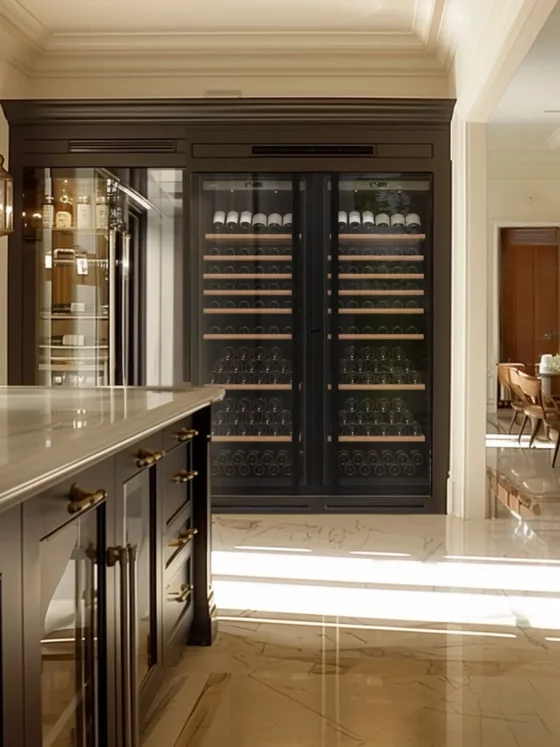 Design wine cellar big capacity black built in a kitchen with double glass door in a design kitchen