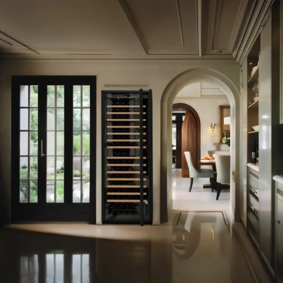 Design wine cellar big capacity black built in a kitchen with silver glass door in a design kitchen