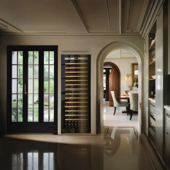 Design wine cellar big capacity black built in a kitchen with silver glass door in a design kitchen