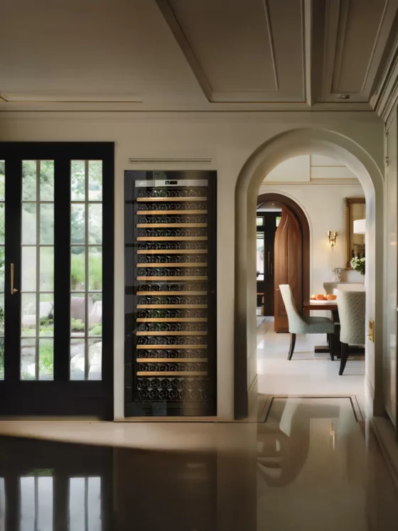 Design wine cellar big capacity black built in a kitchen with silver glass door in a design kitchen