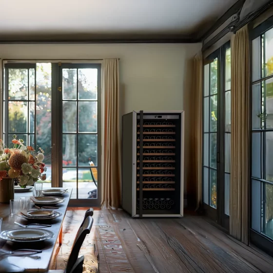 Design wine fridge medium model with silver glass door and integrated lighting, free-standing in a dining room