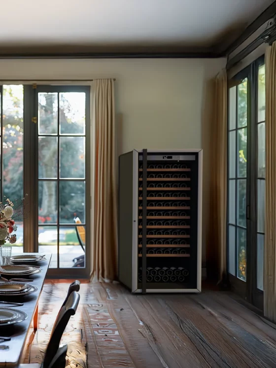 Design wine fridge medium model with silver glass door and integrated lighting, free-standing in a dining room