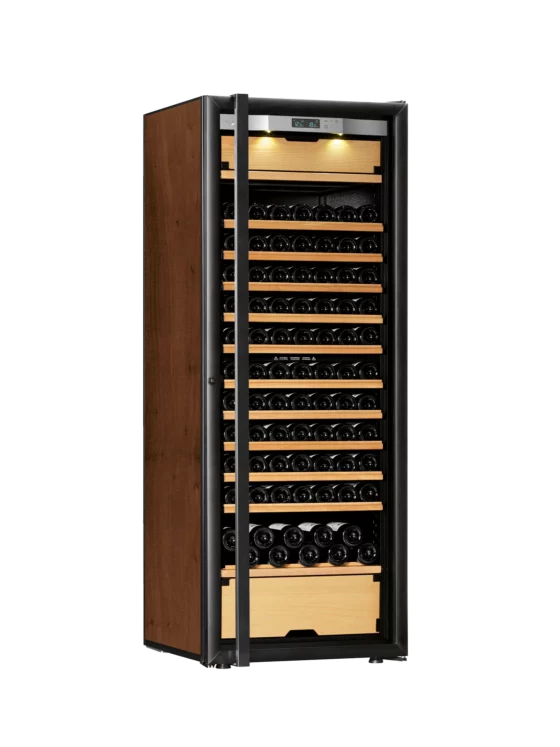 Wine cellar black and tobacco with integretad light, large size with double glazed door with handle