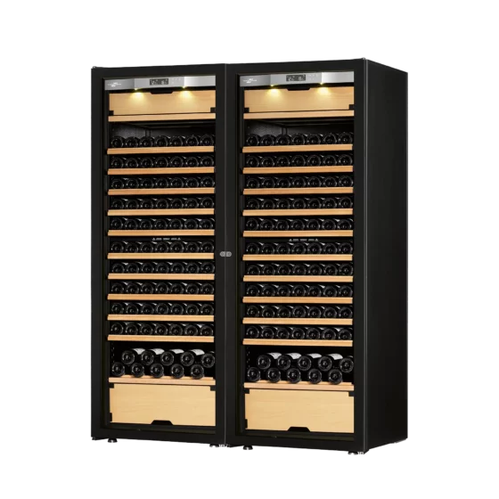 Design wine cellar with double glass door with handle, integretad light and big capacity