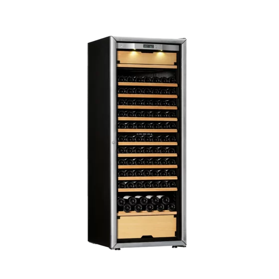 Wine cabinet with three independent zones for aging, tempering and refreshing the wines. High capacity and freestanding design