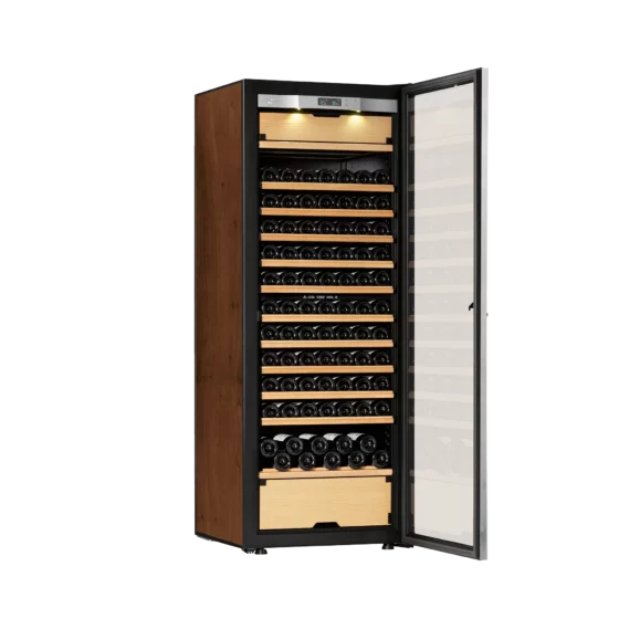 Design wine cabinet black and tobacco with integrated light and temperature display. High capacity with 3 independent temperature zones