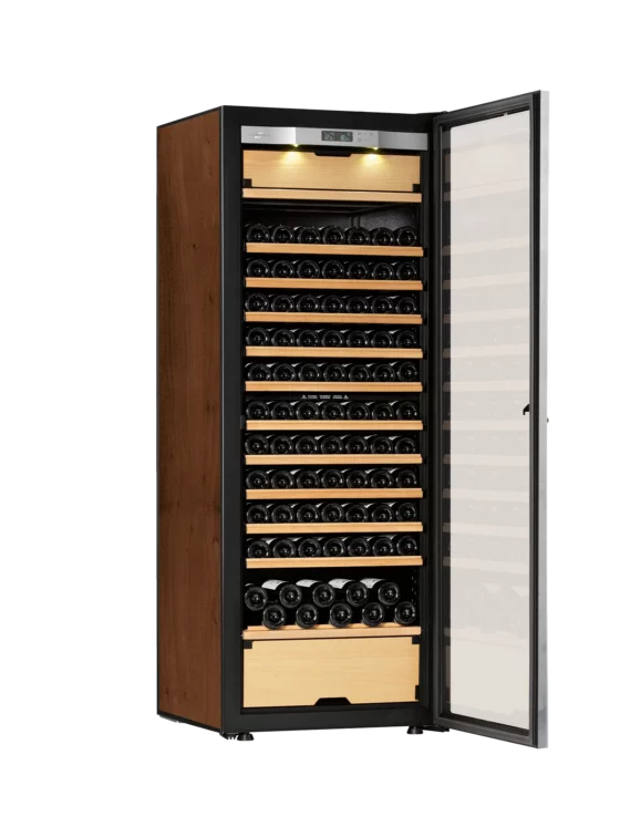 Design wine cabinet black and tobacco with integrated light and temperature display. High capacity with 3 independent temperature zones