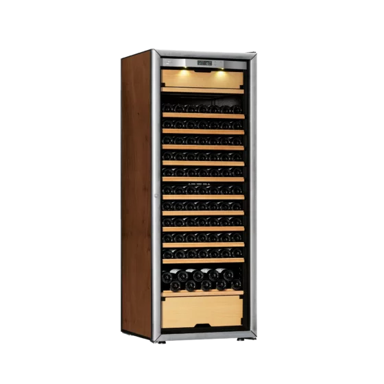 Wine cellar silver and tobacco with integrated light and temperature display. High capacity with 3 independent temperature zones