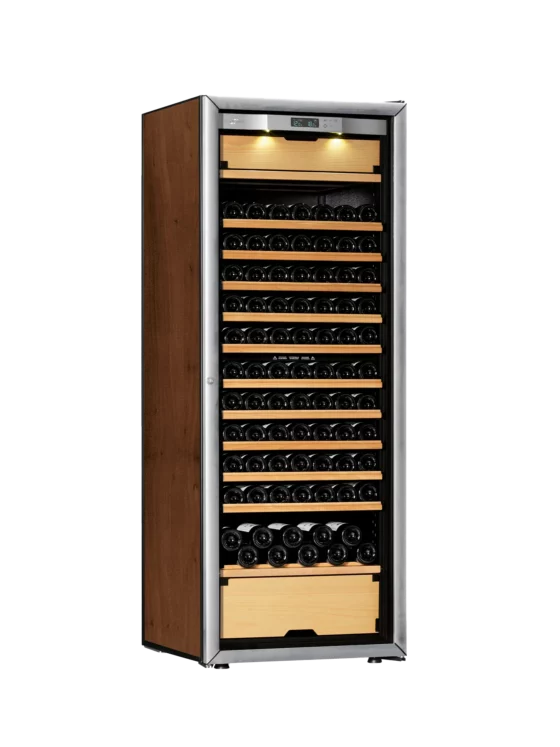 Wine cellar silver and tobacco with integrated light and temperature display. High capacity with 3 independent temperature zones