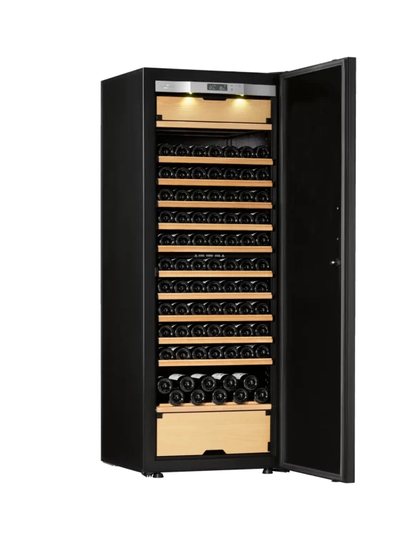 Wine cellar black with integrated light and temperature display. High capacity with 3 independent temperature zones