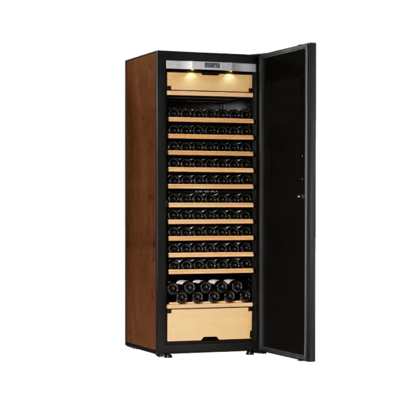 Wine cellar black and tobacco with integrated light and temperature display. High capacity with 3 independent temperature zones