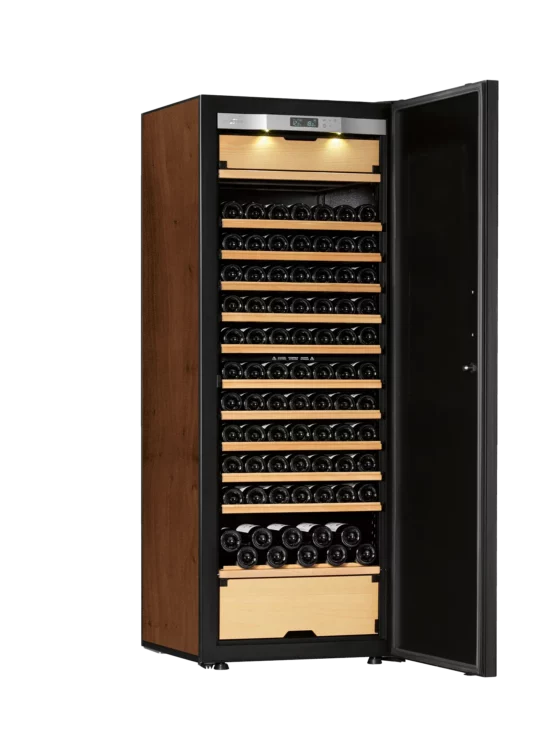 Wine cellar black and tobacco with integrated light and temperature display. High capacity with 3 independent temperature zones