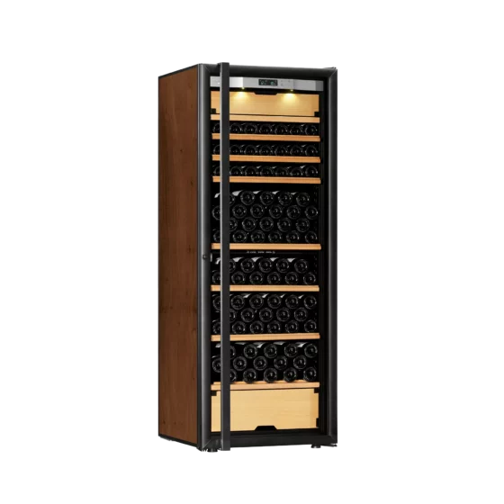 Wine cellar black and tobacco with integrated light and temperature display. High capacity with 3 independent temperature zones