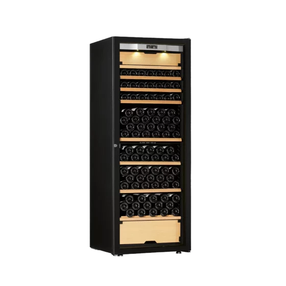 Design wine cellar black with integrated light and temperature display. High capacity