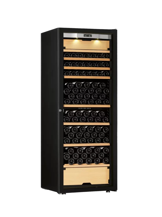 Design wine cellar black with integrated light and temperature display. High capacity