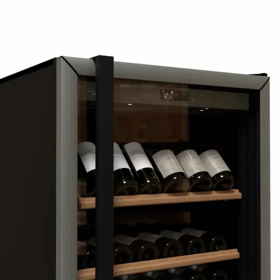 Wine cellar with silver glass door and with black handle and temperature display